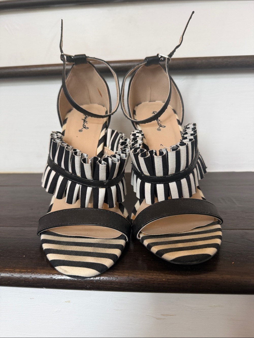 Qupid Black and White Striped Ruffle Ankle-Strap Heels
